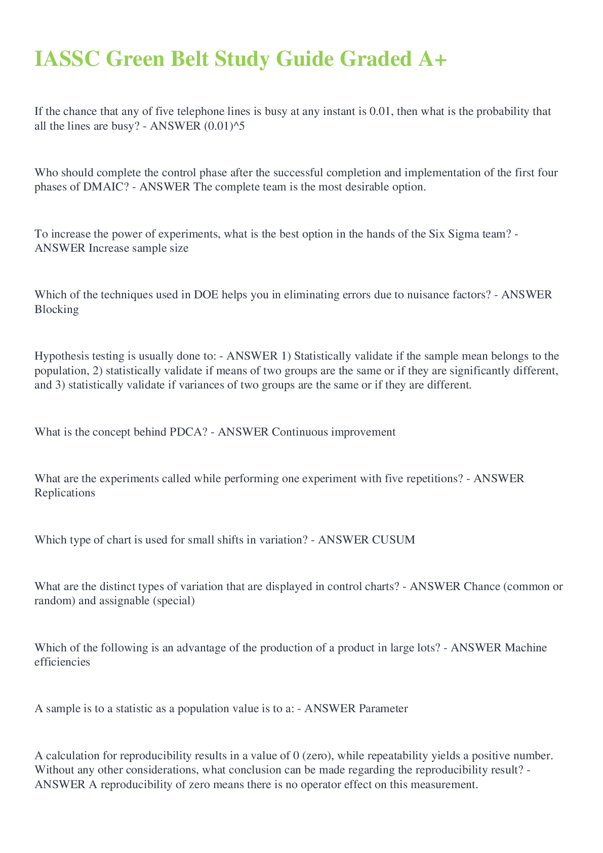 Preview image for IASSC Green Belt Study Guide Graded A+